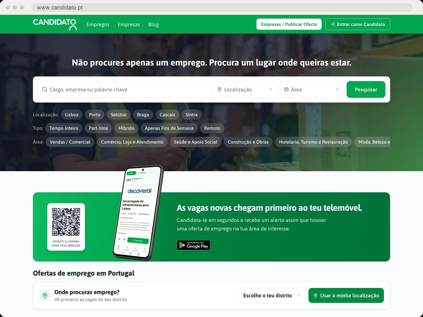 Página inicial do Candidato.pt com pesquisa de emprego por cargo, localização e área
