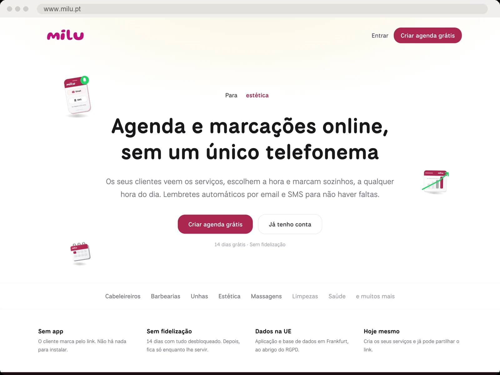 Página inicial do Milu, software de agenda e marcações online